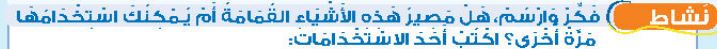 نشاط فكر وارسم هل مصير هذه الأشياء القمامة أم يمكنك استخدامها مرة أخرى؟ اكتب أحد الاستخدامات